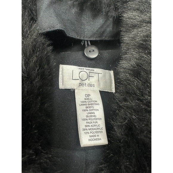 Ann Taylor Petite Double Breasted Pea Coat Womens 0P Black Faux Fur Belted - Picture 2 of 6